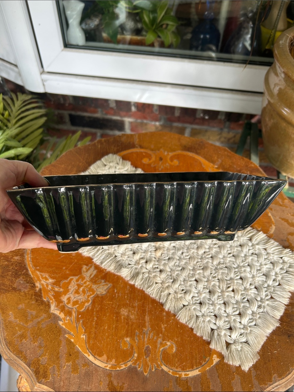 Vintage Art Deco Black & Gold Fluted Ceramic Planter